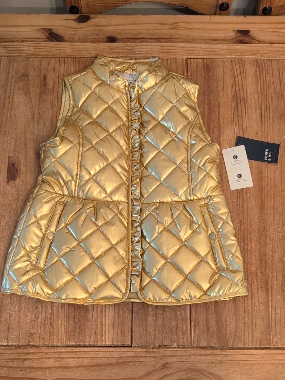 NWT Gold Crown & Ivy Girls Metallic Puffer Vest W/Pockets, Size Girls XL